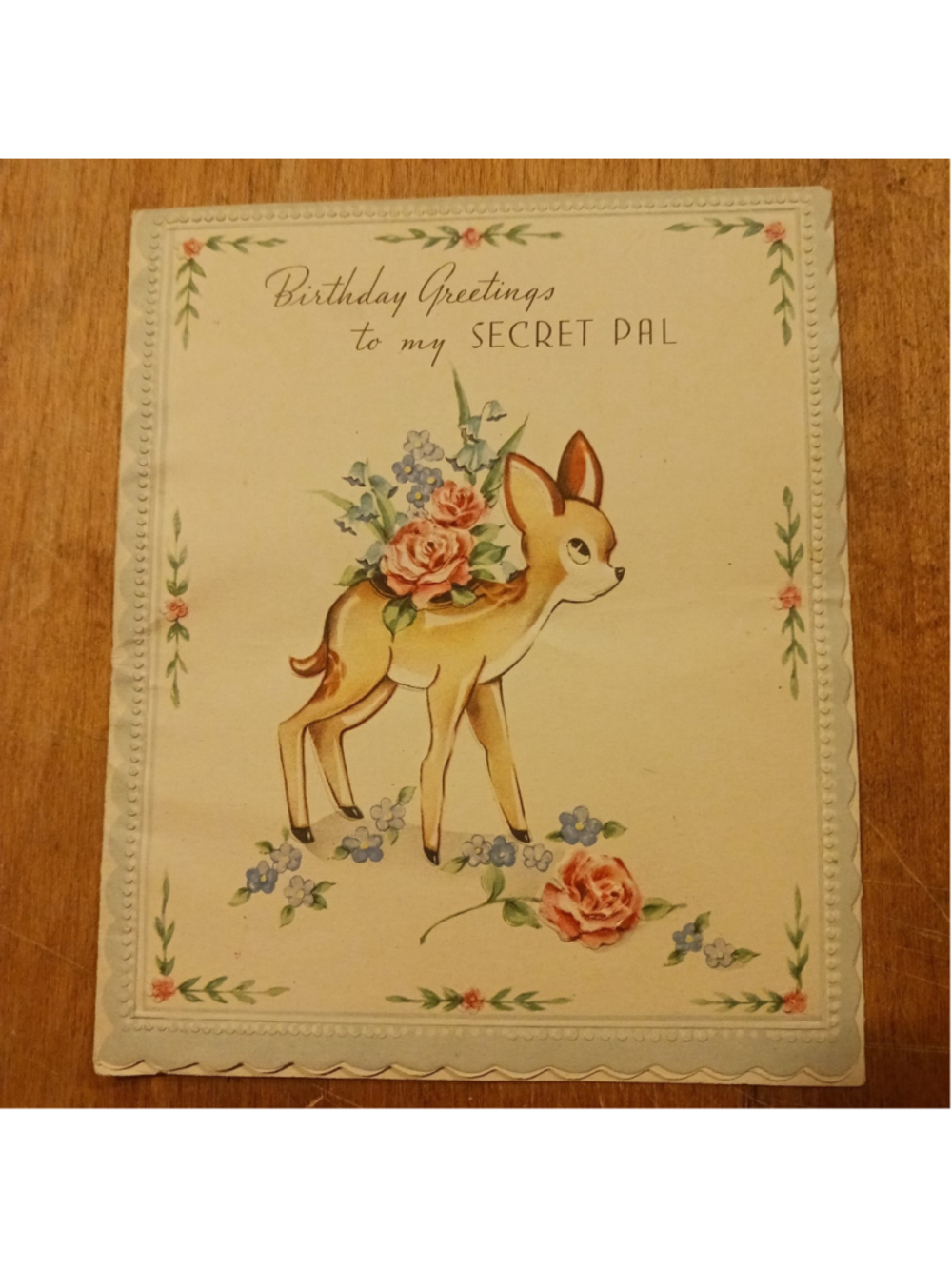 VTG Birthday Card Fawn Flowers Birthday Greetings To My Secret Pal Signed T-142